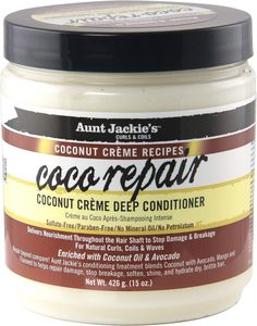 Aunt Jackie's Coco Repair Coconut Cream Deep Hair Conditioner 426g This product data sheet is originally written in English. Aunt Jackie's Coconut Creme Recipes Coco Repair Deep Hair Conditioner 15 oz/426g Description  “Aunt Jackie's Coco Repair Coconut Crème Deep Conditioner 15 oz is infused with carrier oils that pull nutrients into the hair shaft and helps improve the look and feel of chronically dry, fragile tresses. Especially good for 2C - 4C textures".     Features: ·        Delivers nourishment throughout the hair shaft to stop damage and breakage ·        Helps repair damage, stop breakage, soften, shine, and hydrate dry brittle hair ·        Enriched with coconut oil and avocado ·        For natural hair curls, coils and waves   How To Use: on clean, damp hair, apply a generous a Auntie Jackie, Aunt Jackies Hair Products, Aunt Jackie, Coconut Creme, Deep Hair Conditioner, Wellness Ideas, Hair Twists, Low Porosity, Coconut Hair