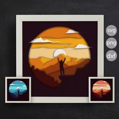 an image of a man standing in front of a sunset with two photos on it