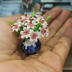 a hand holding a small blue and white vase with flowers in it's center