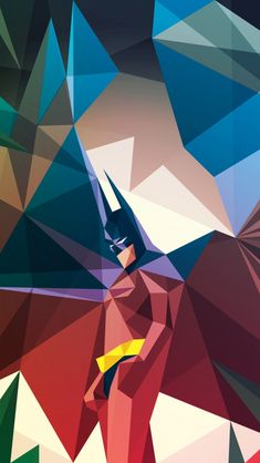 an abstract painting of batman standing in front of colorful shapes