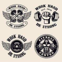 set of vintage gym emblems with dumbbell, barbell and wings in retro style