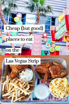 two trays filled with different types of food on top of a table next to a sign that says cheap but good places to eat on the las vegas strip