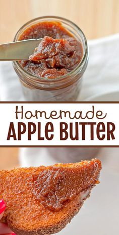 homemade apple butter in a glass jar with a spoon on the side and an image of a hand holding a piece of bread