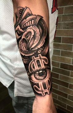 a man with a black and white tattoo on his arm that has money in it