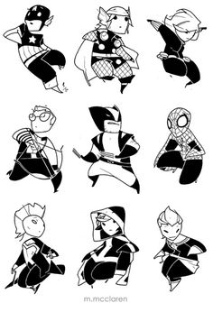 some cartoon characters that are drawn in black and white