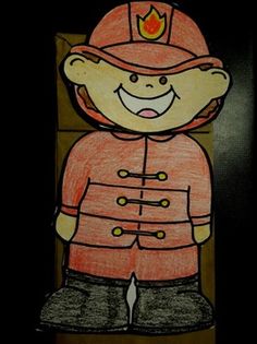 a child's drawing of a fireman wearing a red hat and uniform, standing in front of a black background