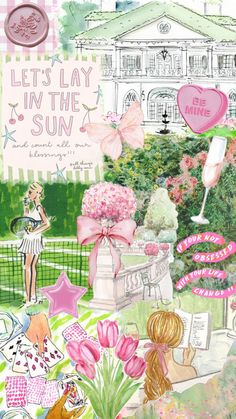 a collage of pink and white images with words on them that read, let's lay in the sun