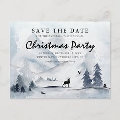 save the date card for christmas party with watercolor deer and pine trees on it