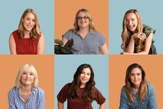 four women are smiling and posing for the camera, all wearing different colored shirts with their hands on their chins