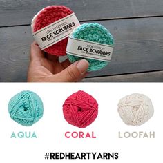 two balls of yarn in different colors with the words coral loofah and red heart yarn