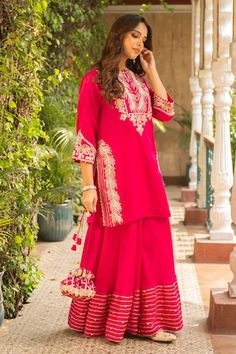 Rani pink kurta with thread embroidered floral jaal patterns embellished by cutdana. Comes with matching dhoti pant and dupatta. - Aza Fashions Designer Wear Palazzo Set For Navratri With Pallu, Traditional Drape Palazzo Set With Dabka Work For Navratri, Unstitched Dabka Saree, Traditional Drape Palazzo Set With Dabka For Diwali, Diwali Palazzo Set With Dabka And Traditional Drape, Palazzo Set With Dabka For Navratri, Saree Shape, Navratri Palazzo Saree Set With Dabka Details, Dabka Chandbali Kurta For Navratri, Eid Palazzo Set In Mulmul With Cutdana Detail