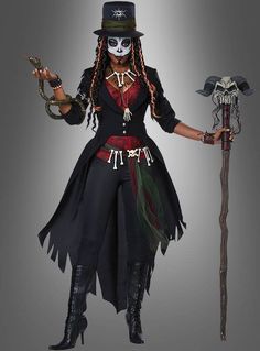 a woman dressed up as a skeleton with a hat and cane