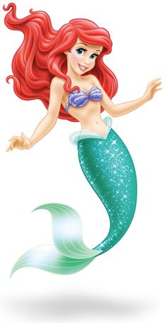 the little mermaid is flying through the air with her long red hair and green tail