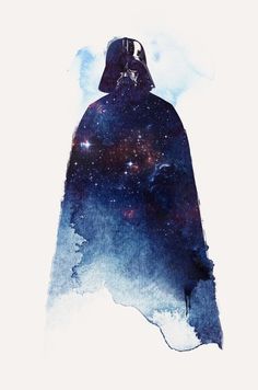 a watercolor painting of a darth vader silhouetted against the night sky