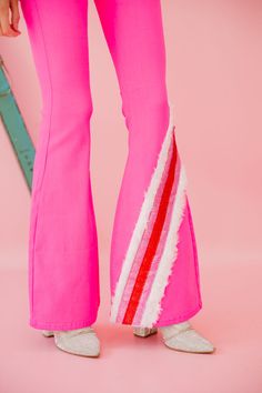 SEASON'S GREETINGS PINK FLARES Pants Judith March Pink Wide Leg Flares For Spring, Pink Flare Bottoms For Spring, Spring Stretch Pink Flares, Red Cotton Party Bottoms, Festive Pink Pants, Pink Festive Pants, Trendy Pink Flare Bottoms, Pink Flare Pants For Party, Trendy Fitted Pink Flares