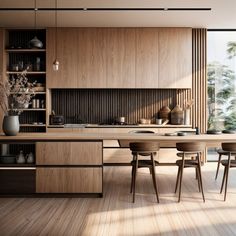 a modern kitchen with wooden cabinets and counter tops is pictured in this image, there are four chairs around the table