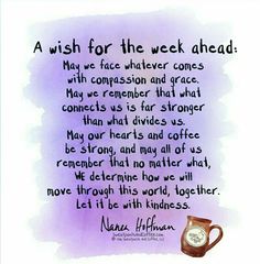 a wish for the week ahead is written on a watercolor background with a coffee mug