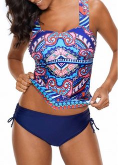 Printed Wide Strap Drawstring Side Tankini Set | liligal.com - USD $30.53 Striped Swimsuit Bikinis, Backless Tankini, Bathing Suit Shorts, Swimsuit For Women, Trendy Swimsuits, Retro Swimsuit, Printed Tankini, Swimwear Tankini, Striped Swimsuit