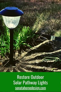 an outdoor solar pathway light in the grass