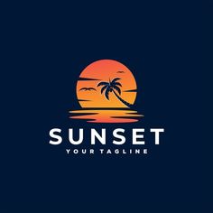 sunset logo with palm trees on the beach