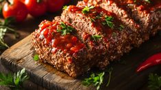 sliced meatloaf with marinara sauce and parsley on cutting board next to tomatoes