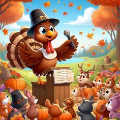 a turkey with a microphone surrounded by other animals in the fall leaves and pumpkins