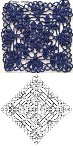 an image of crocheted doily on white and dark blue with text overlay