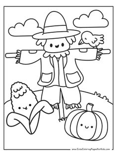 a coloring page with a scare and pumpkins