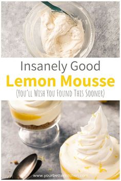 lemon mousse with whipped cream in a glass bowl and spoon on the side