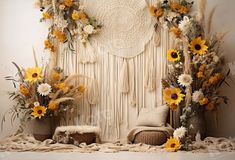 an arrangement of sunflowers and other flowers in front of a white wall hanging