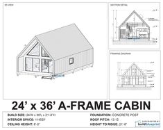 the front and back side of a small cabin with measurements for each room on it