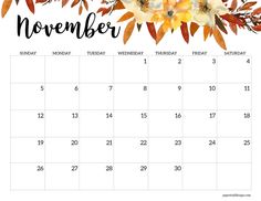 november calendar with watercolor flowers and leaves