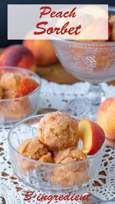 peach sorbet in a glass bowl on a doily next to some apples