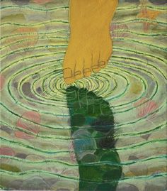 a painting with a person's foot in the water