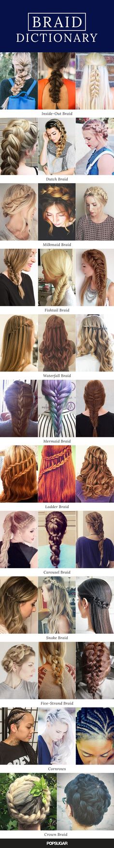 There are so many different braids out there — how many can you create? Everyone wants to master the new trendy style before a new one is invented. So, we've broken down every kind of plait (with gorgeous real-girl pictures and tutorials) for hairstyle inspiration. See photos of inside-out braids, dutch braids, milkmaid braids, fishtail braids, waterfall braids, mermaid braids, ladder braids, carousel braids, snake braids, five-strand braids, cornrows, and crown braids. Different Braids, Gorgeous Braids, Types Of Hair, Fishtail Braid, Top Hairstyles, Braid Out, Plaits, Fish Tail Braid