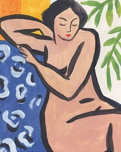 a painting of a nude woman sitting on a bed with her arms behind her head