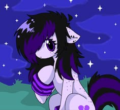 a very cute little pony with big eyes and purple hair sitting in the grass at night