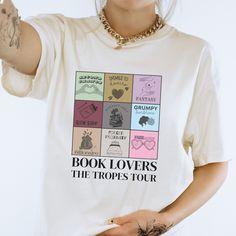 Book Graphic Tees, Book Lover Tshirts, Romance Book Tropes, Book Tropes, Reading Rainbow, Book Tshirts, Book Clothes, Embroidered Sweater, Gifts For Readers