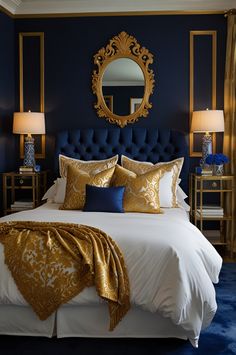 a bedroom with blue walls and gold accents