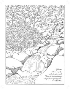 a black and white drawing of a waterfall in the woods with trees, rocks and flowers