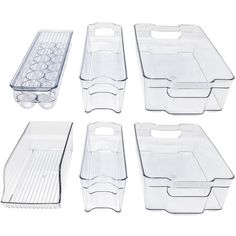 six plastic storage containers with lids and dividers on each side, set against a white background