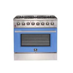 a blue stove top oven with two burners and one door on the front, against a white background