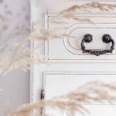 an old white door with two knobs on it and some grass in the foreground