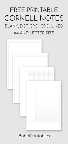 four blank notebooks with the text free printable cornell notes blank, dot grid, grid line and 4 and letter size