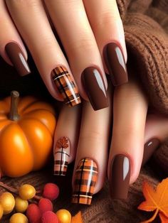 Inspirational Nails, November Nail Designs, Plaid Nail Designs, Nagel Stamping, Thanksgiving Nail Designs, November Nails, Fall Nail Trends, Fall Gel Nails, Fall Nail Art Designs