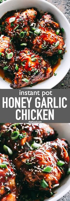 honey garlic chicken in a white bowl with green onions on the side and text overlay that reads instant pot honey garlic chicken