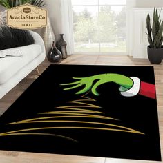 a living room area rug with an alien hand on it