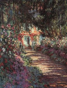 a painting of a garden with flowers and trees in the background, along with a path that leads to an archway