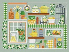 a cross stitch pattern with pots, pans and other items on the windowsill