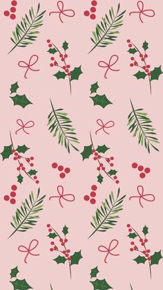 a pink background with holly and berries on it